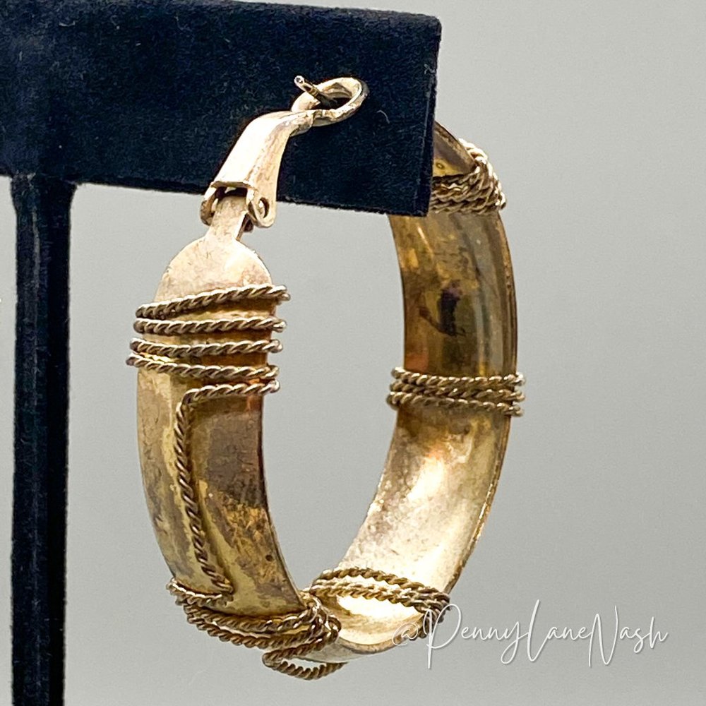 Vintage Wide Hoop with Rope Wrapped Gold Plated Earrings - Picture 2 of 6